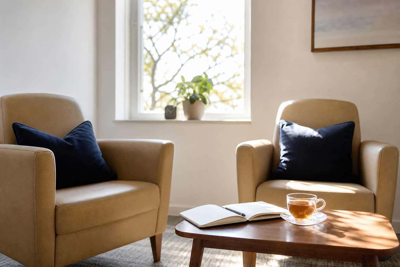 Sunlit consultation nook with two chairs, a notebook and a cup of tea on a low table