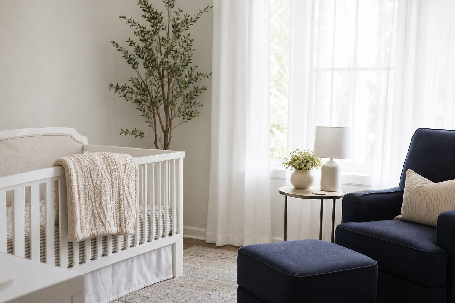 Serene light filled nursery corner with a white crib, folded blanket and navy upholstered chair