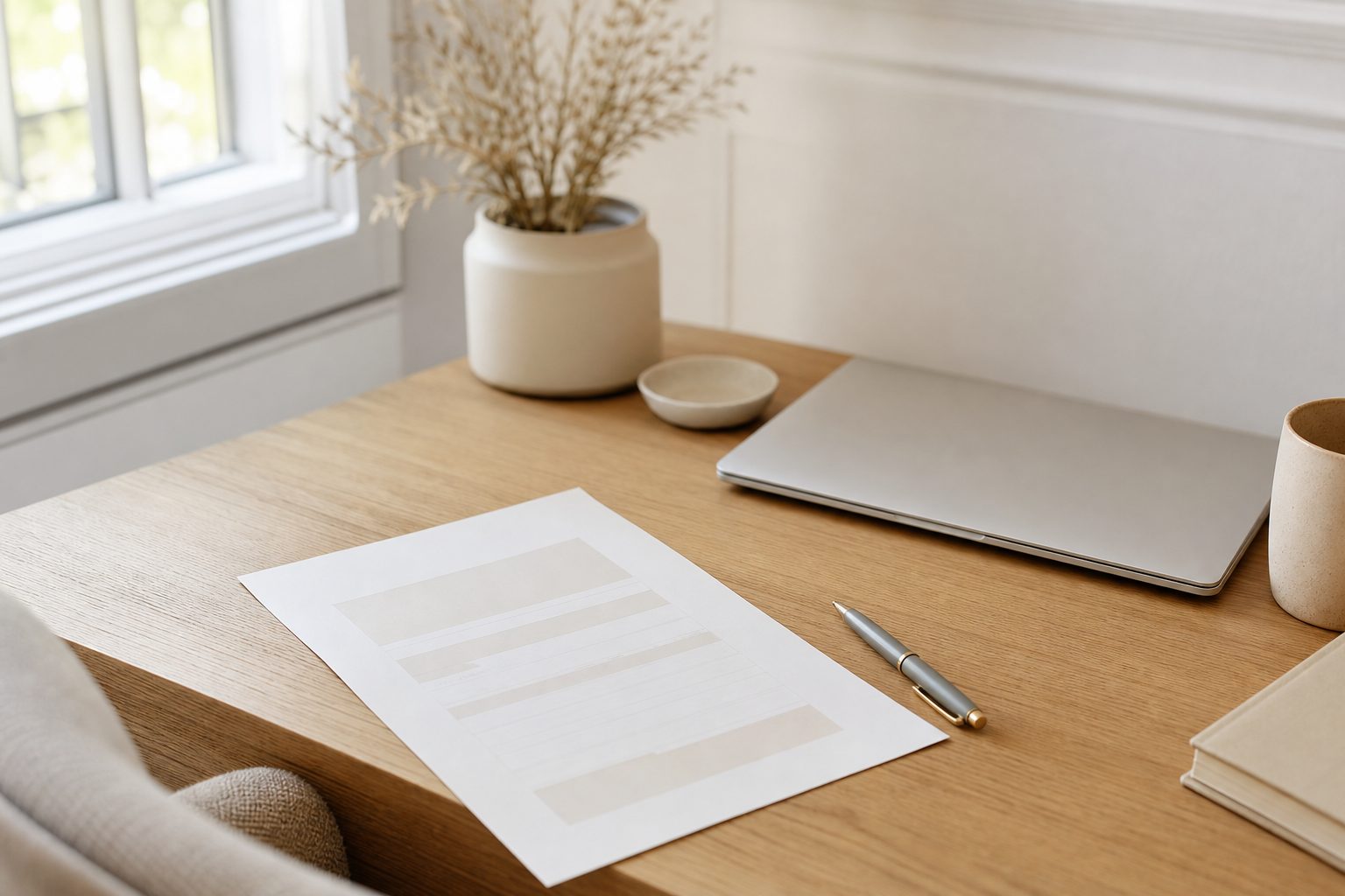 Cream authorization form and pen on a tidy bright home office desk beside a closed laptop