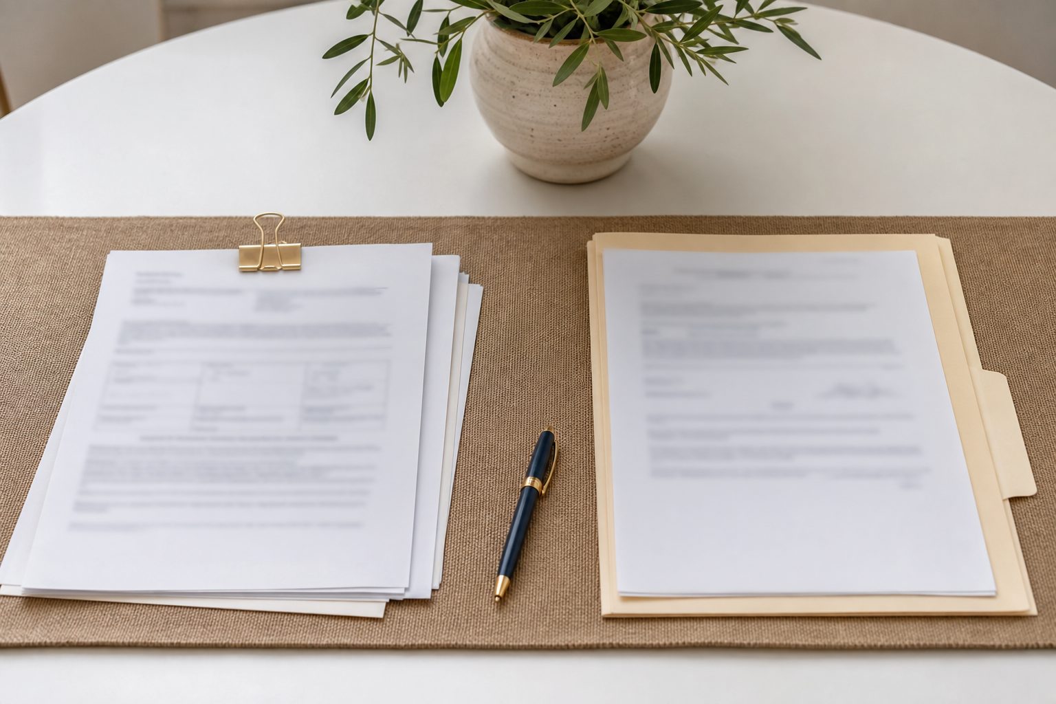 Two sets of paperwork laid side by side on a bright white table with a biscuit runner and navy pen
