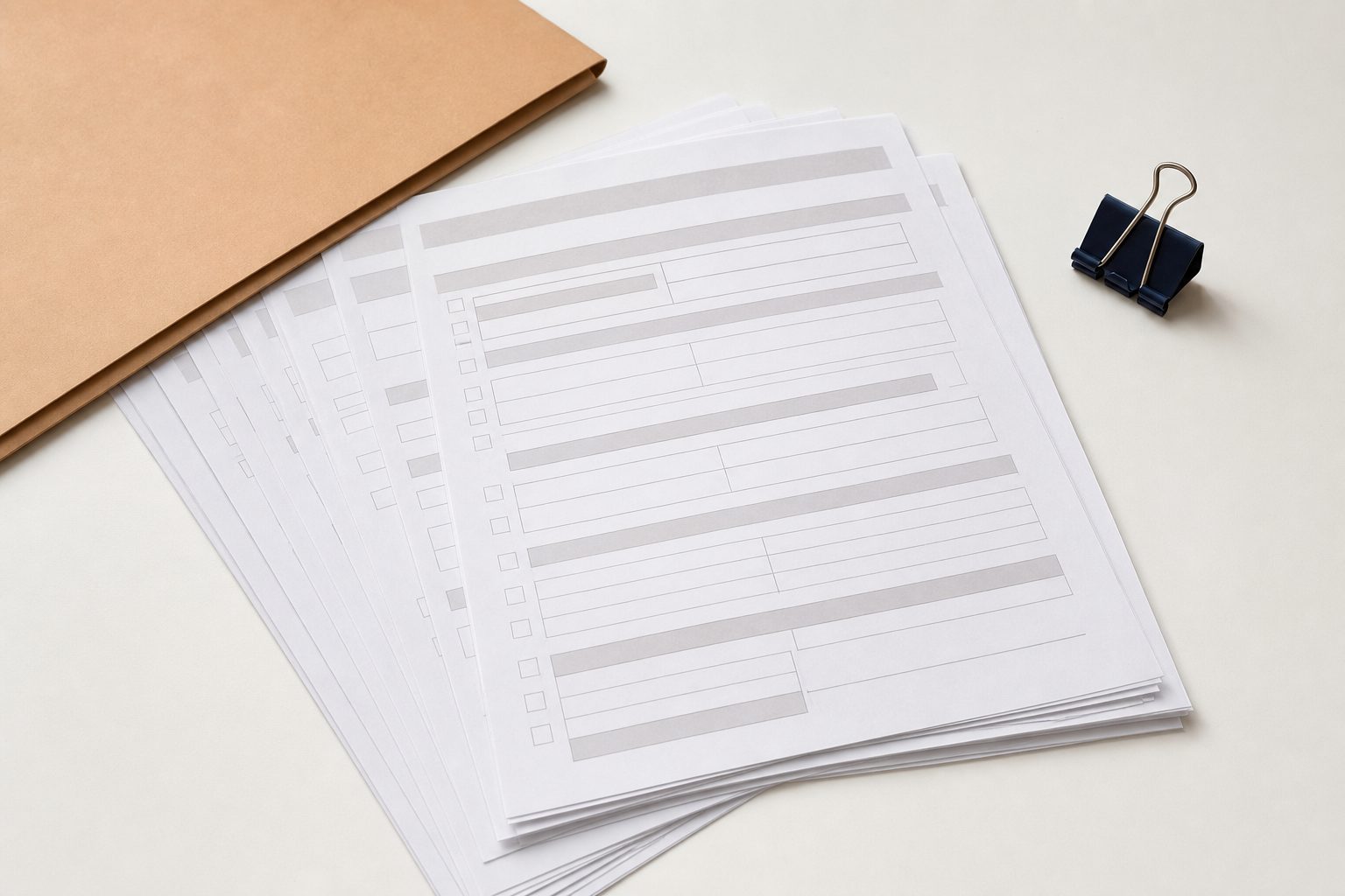 Neat stack of blank forms fanned across a bright white desk beside a biscuit folder and navy clip