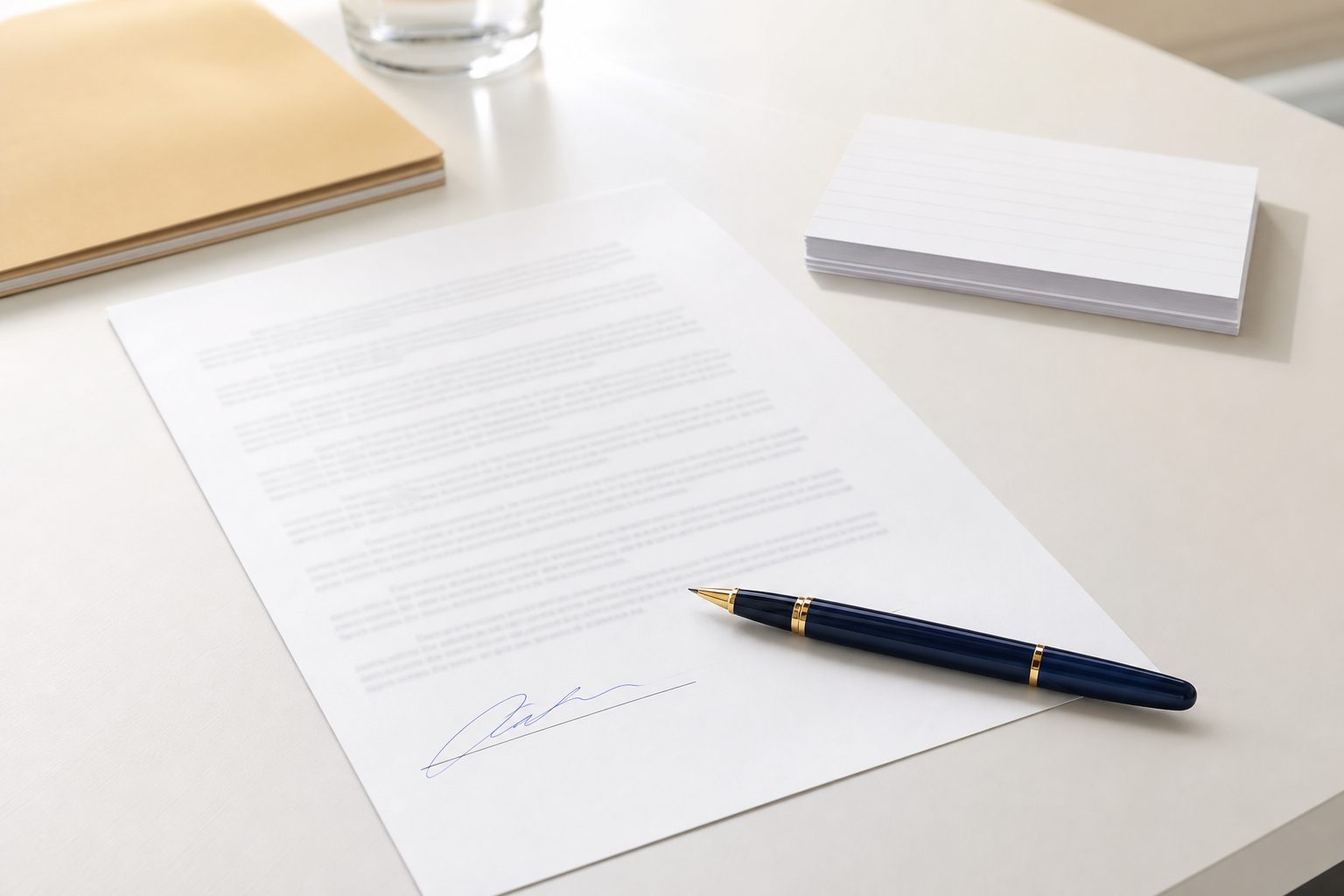 Signed contract page with a navy fountain pen and index cards on a bright white desk