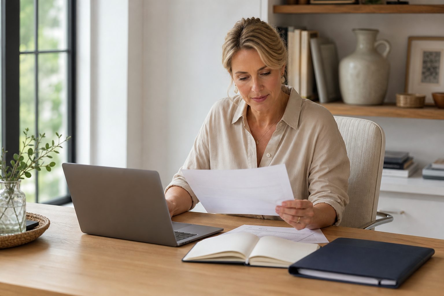 Agency owner reviewing a printed fee schedule at a bright pale oak desk beside a laptop and navy folder