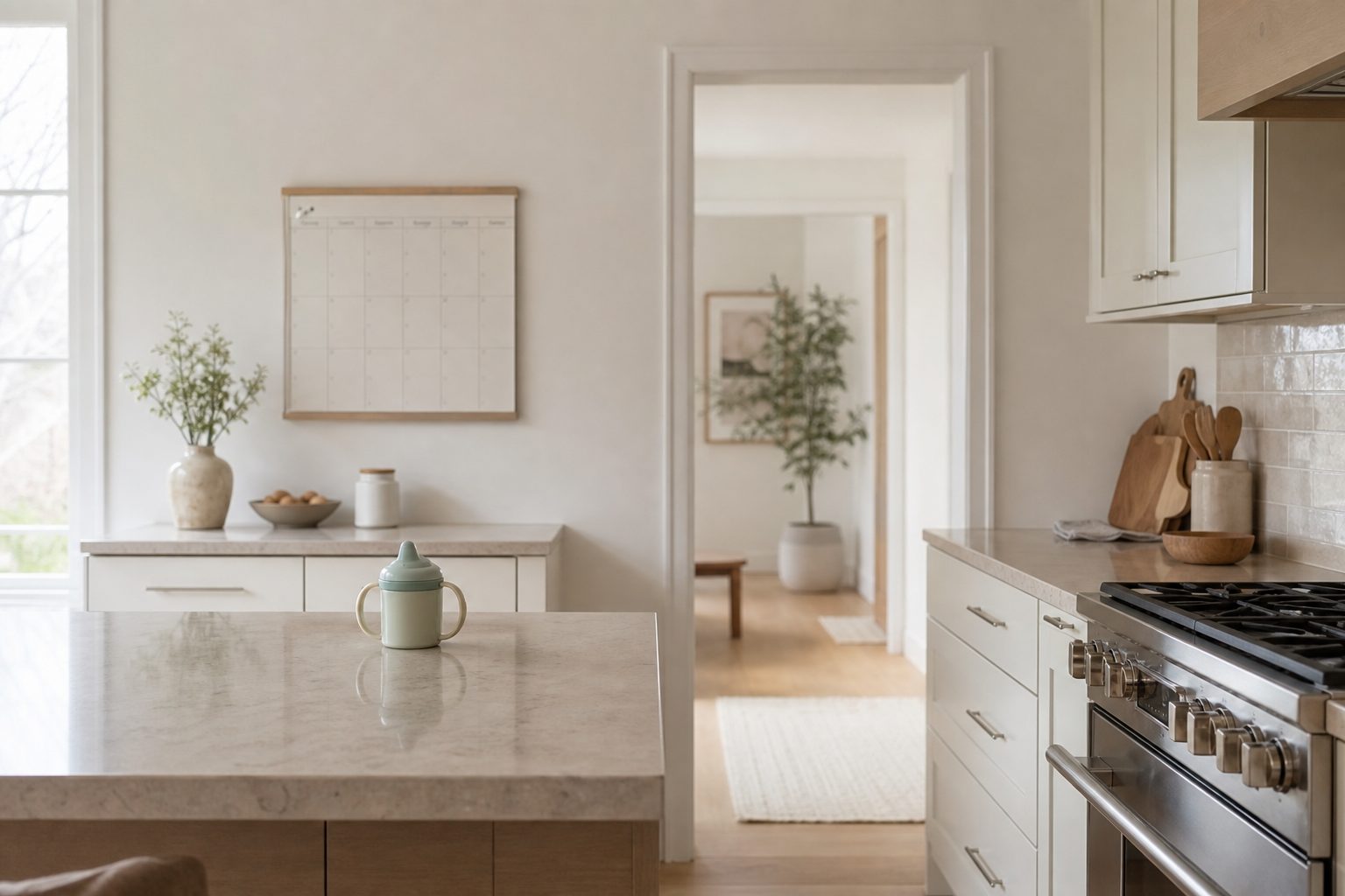 Bright white kitchen with a wall calendar and a child cup on the counter in morning light