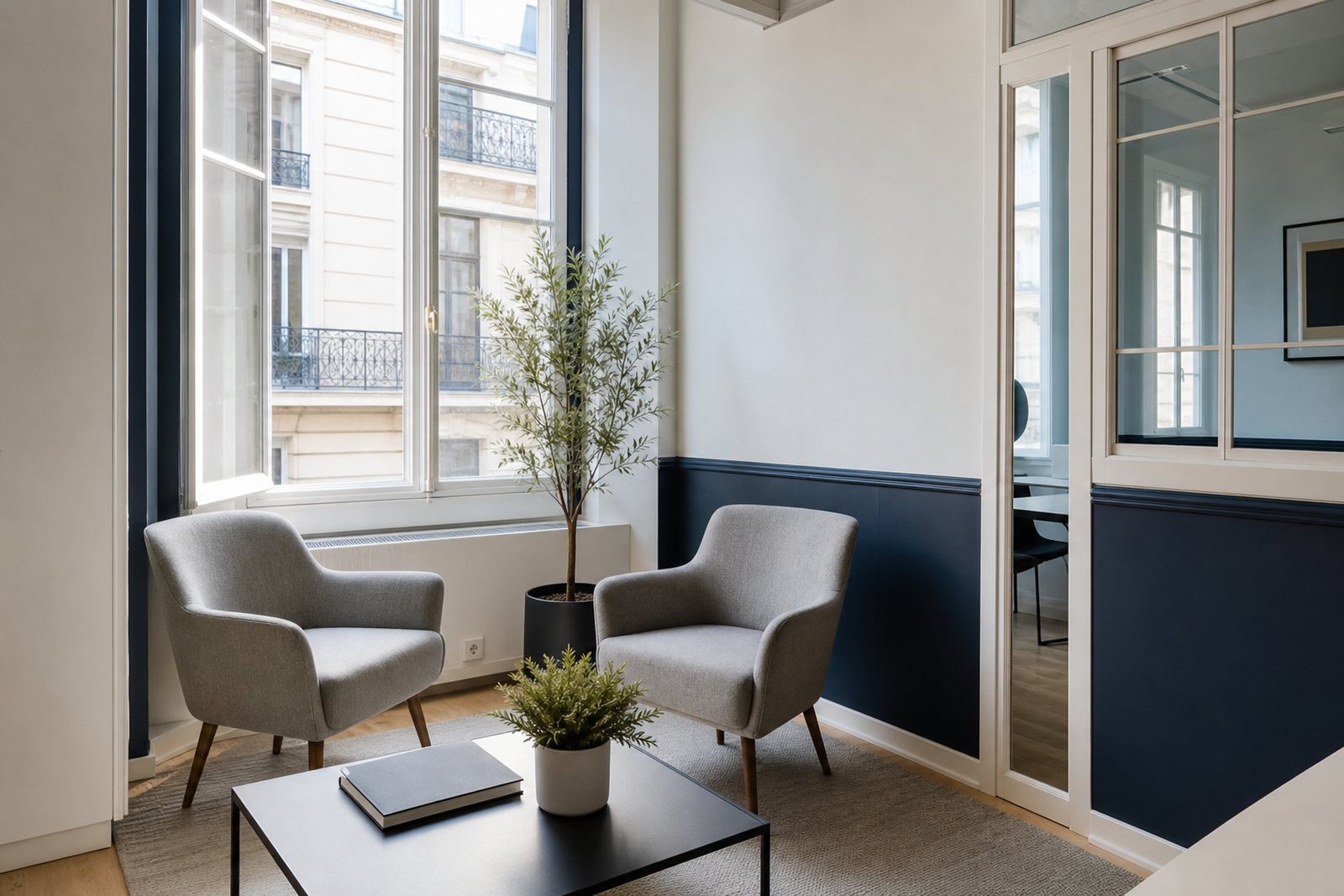 A bright agency office with two armchairs, a low table holding a notebook and a plant in soft daylight